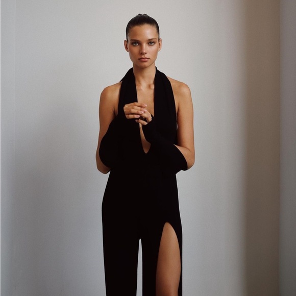 KOROBEYNIKOV BRAND viscose stylish jumpsuit open back, high split S-M black - Picture 4 of 11